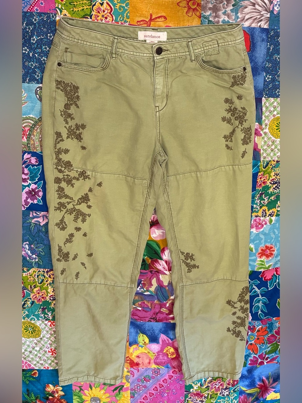 SUNDANCE embroidered PANTS cotton linen GREEN 8 petite BOHO Charlize